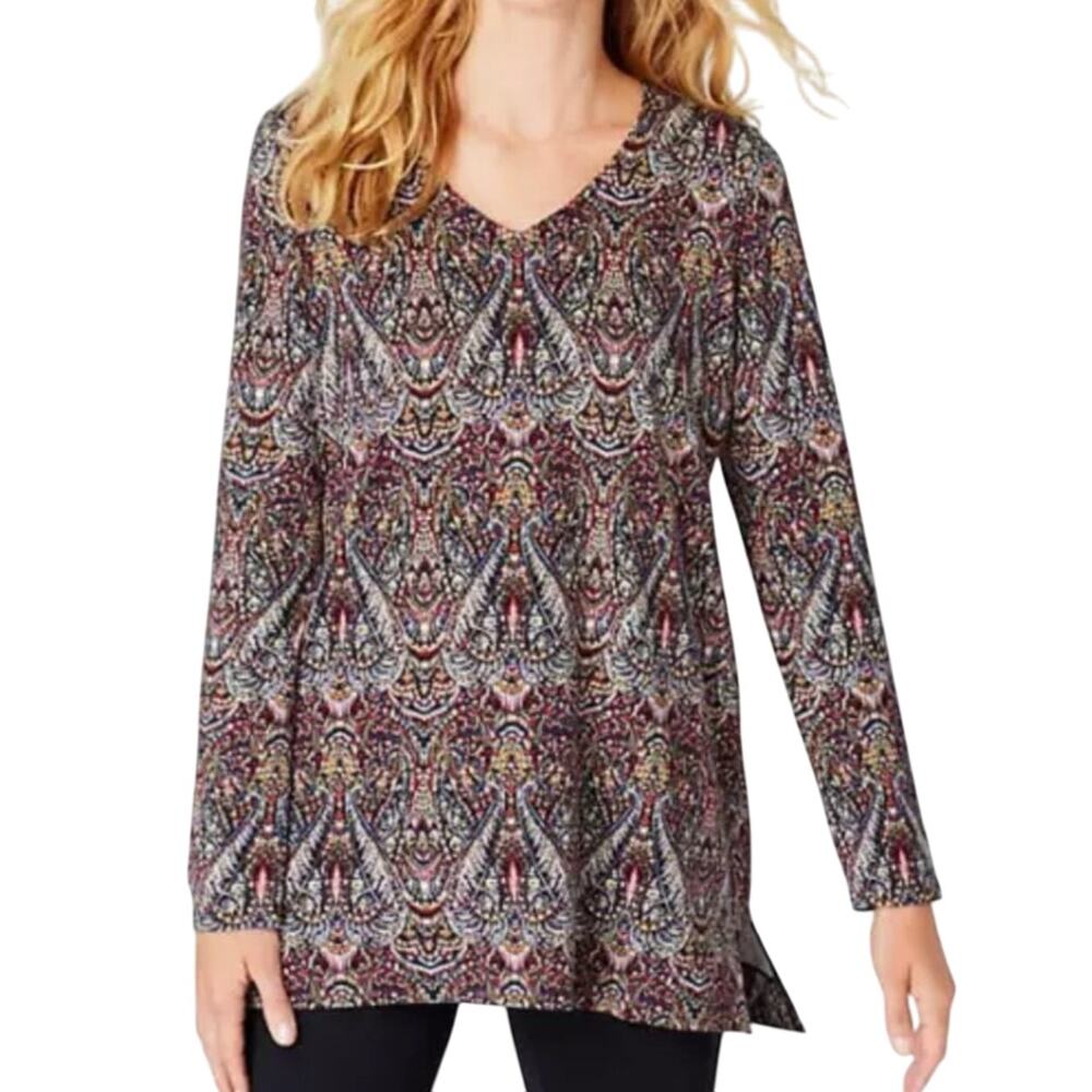 J Jill Tunic Top Womens S Blue Multicolor Floral Paisley Soft Modal Stretch Boho